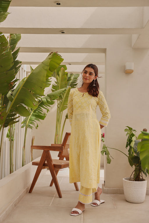 Yellow Chunakhari Printed Cotton Kurta Set with Pearl & Lace Work