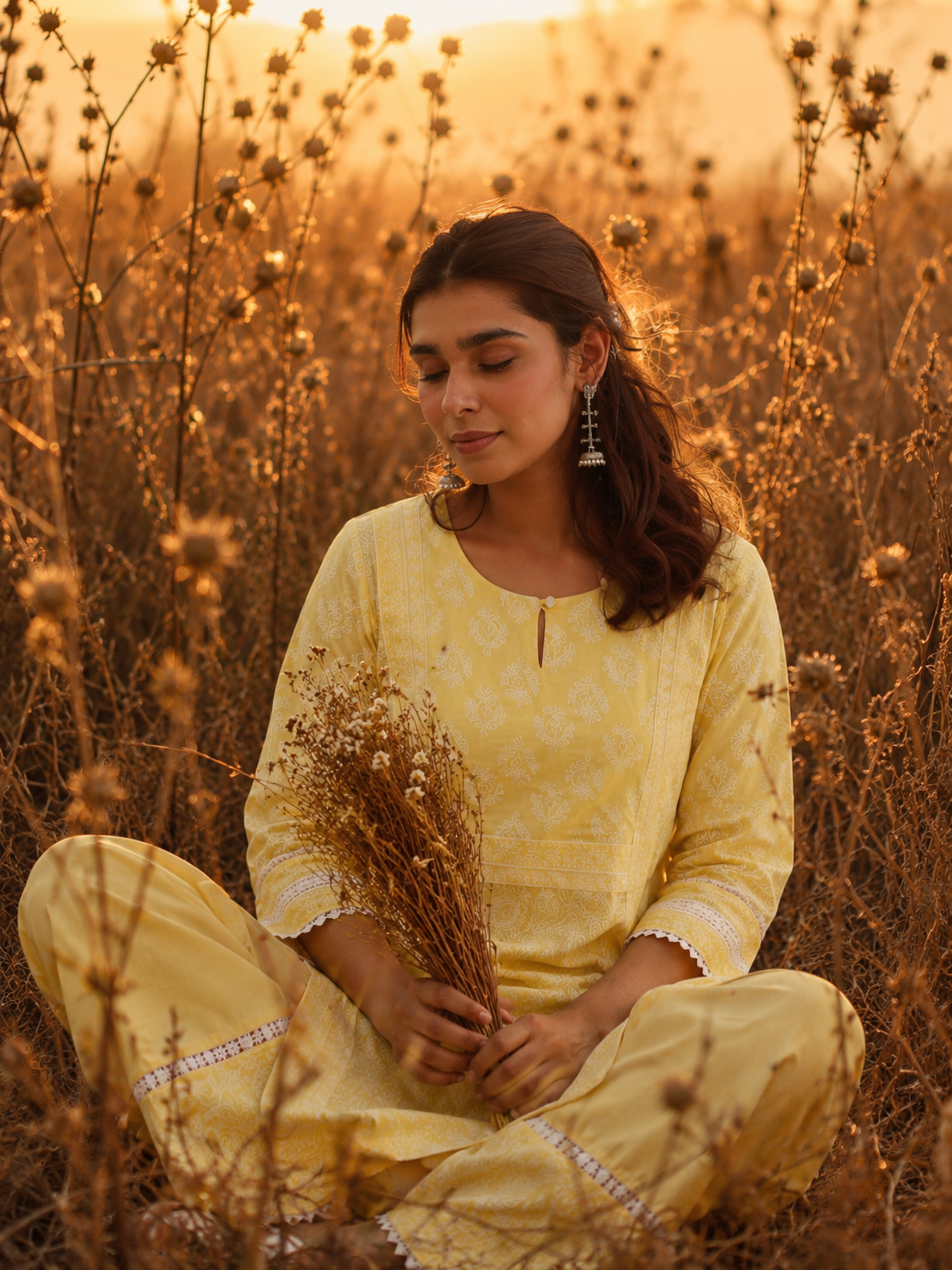Yellow Chunakhari Printed Cotton Kurta Set with Pearl & Lace Work