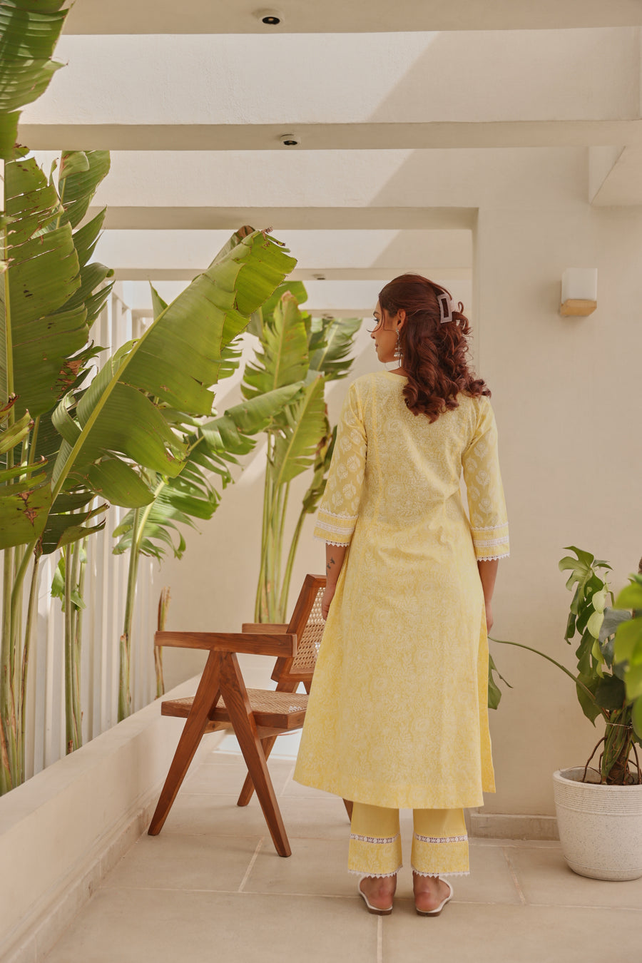 Yellow Chunakhari Printed Cotton Kurta Set with Pearl & Lace Work