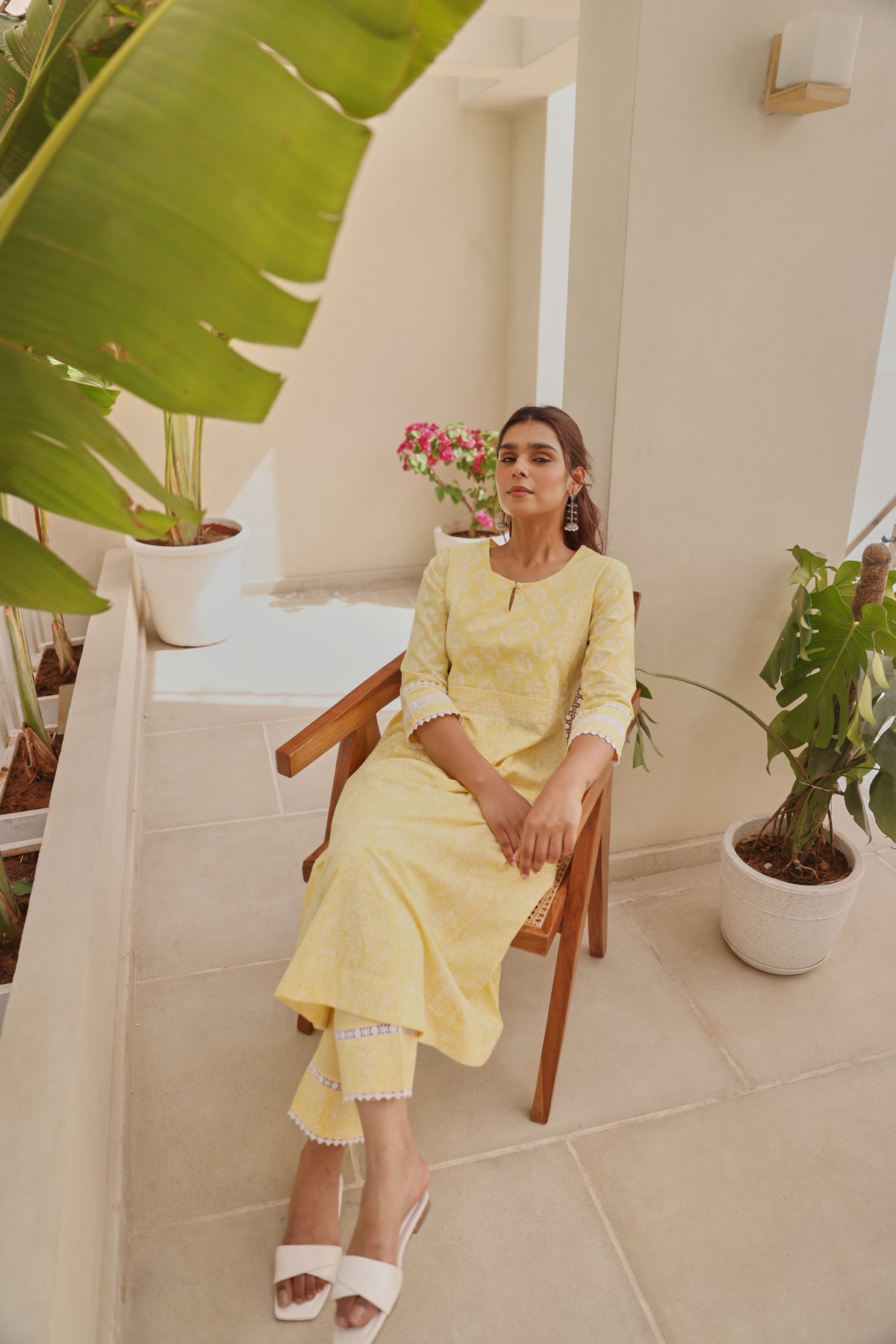 Yellow Chunakhari Printed Cotton Kurta Set with Pearl & Lace Work