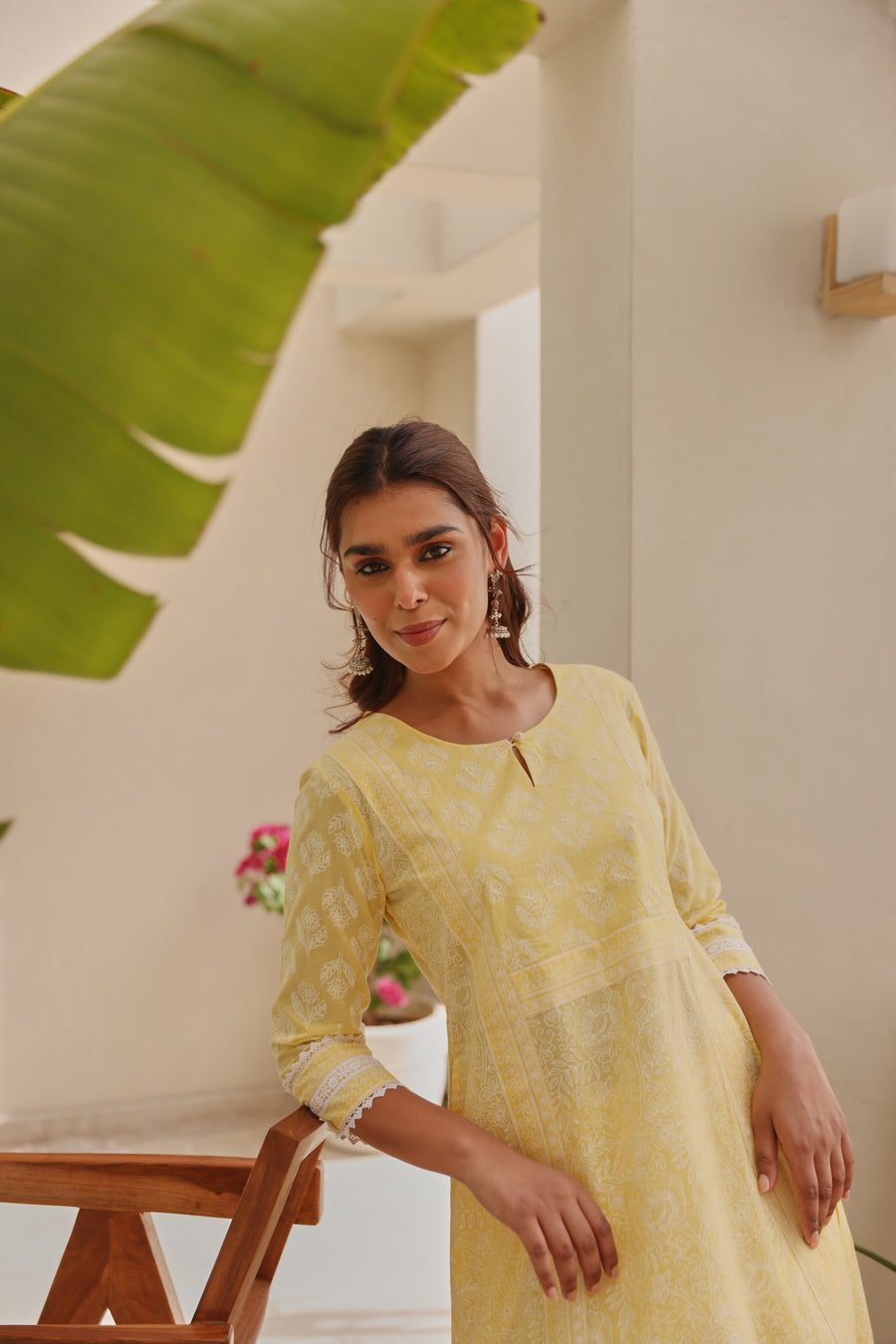 Yellow Chunakhari Printed Cotton Kurta Set with Pearl & Lace Work