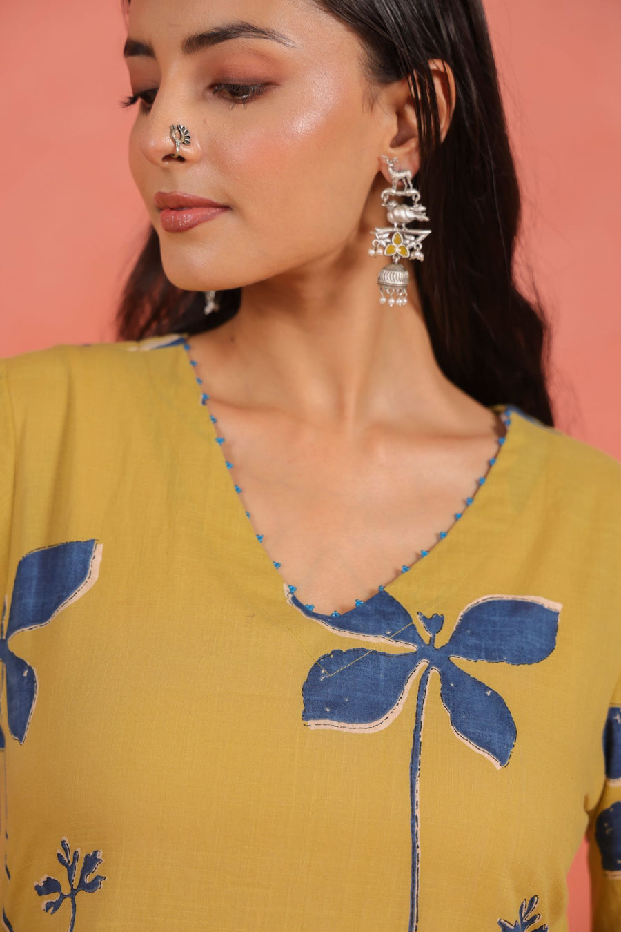 Yellow Cotton Slub Kurta Pant Set with Beads Hand Work