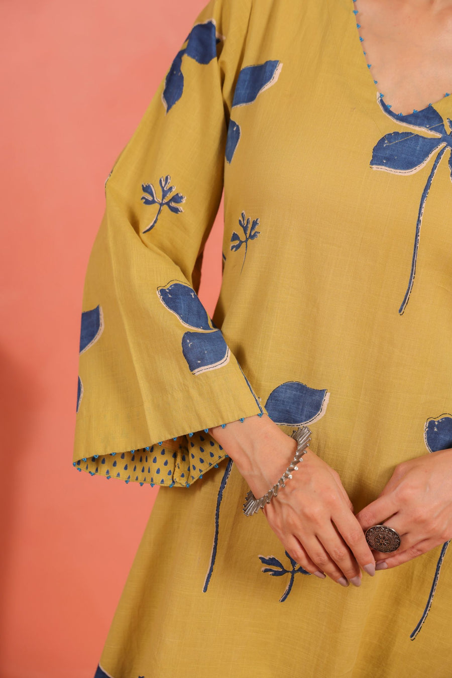 Yellow Cotton Slub Kurta Pant Set with Beads Hand Work