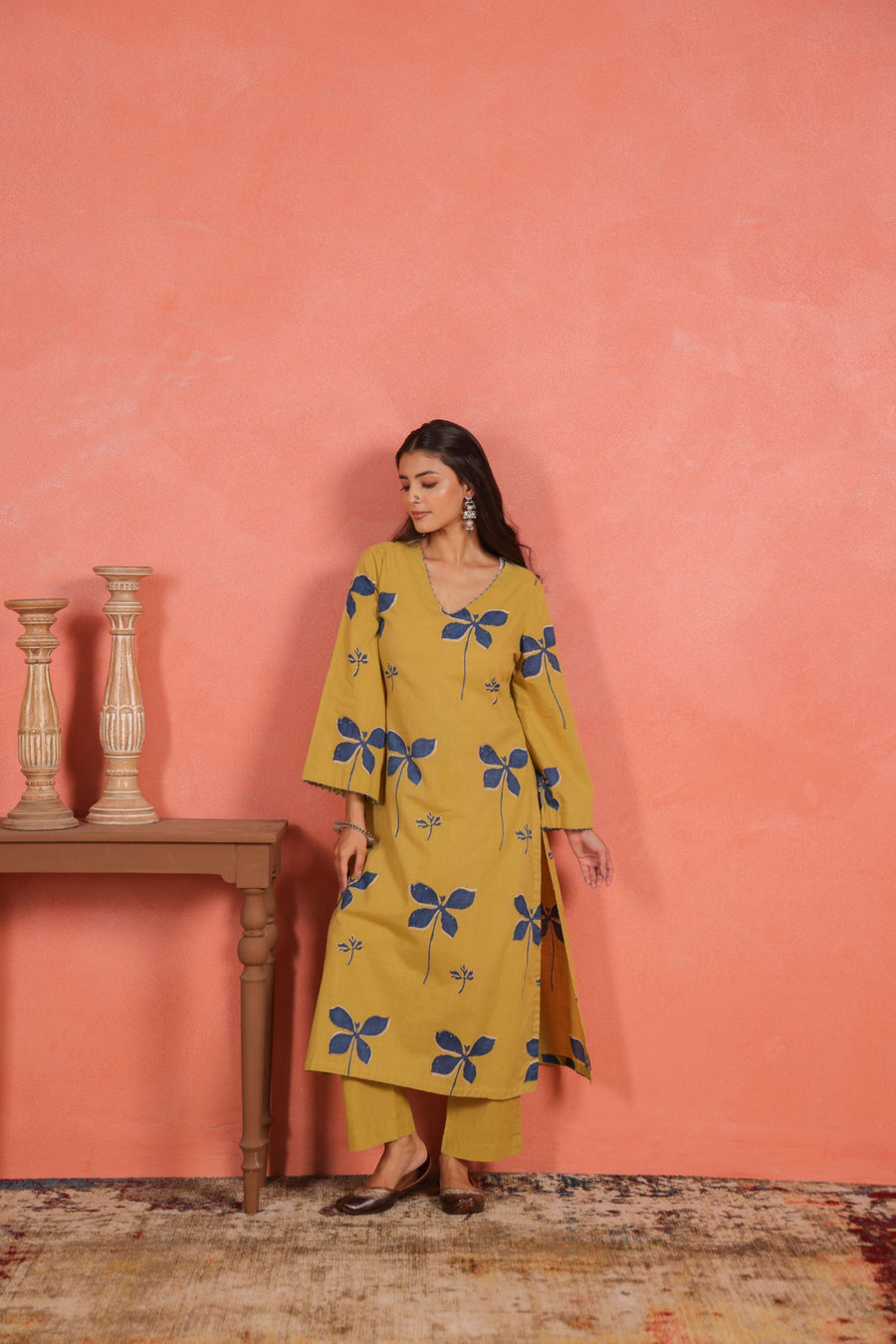 Yellow Cotton Slub Kurta Pant Set with Beads Hand Work