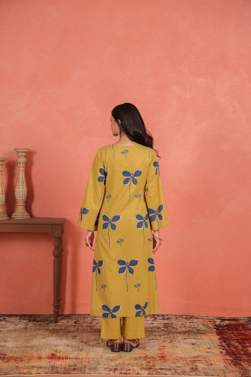 Yellow Cotton Slub Kurta Pant Set with Beads Hand Work