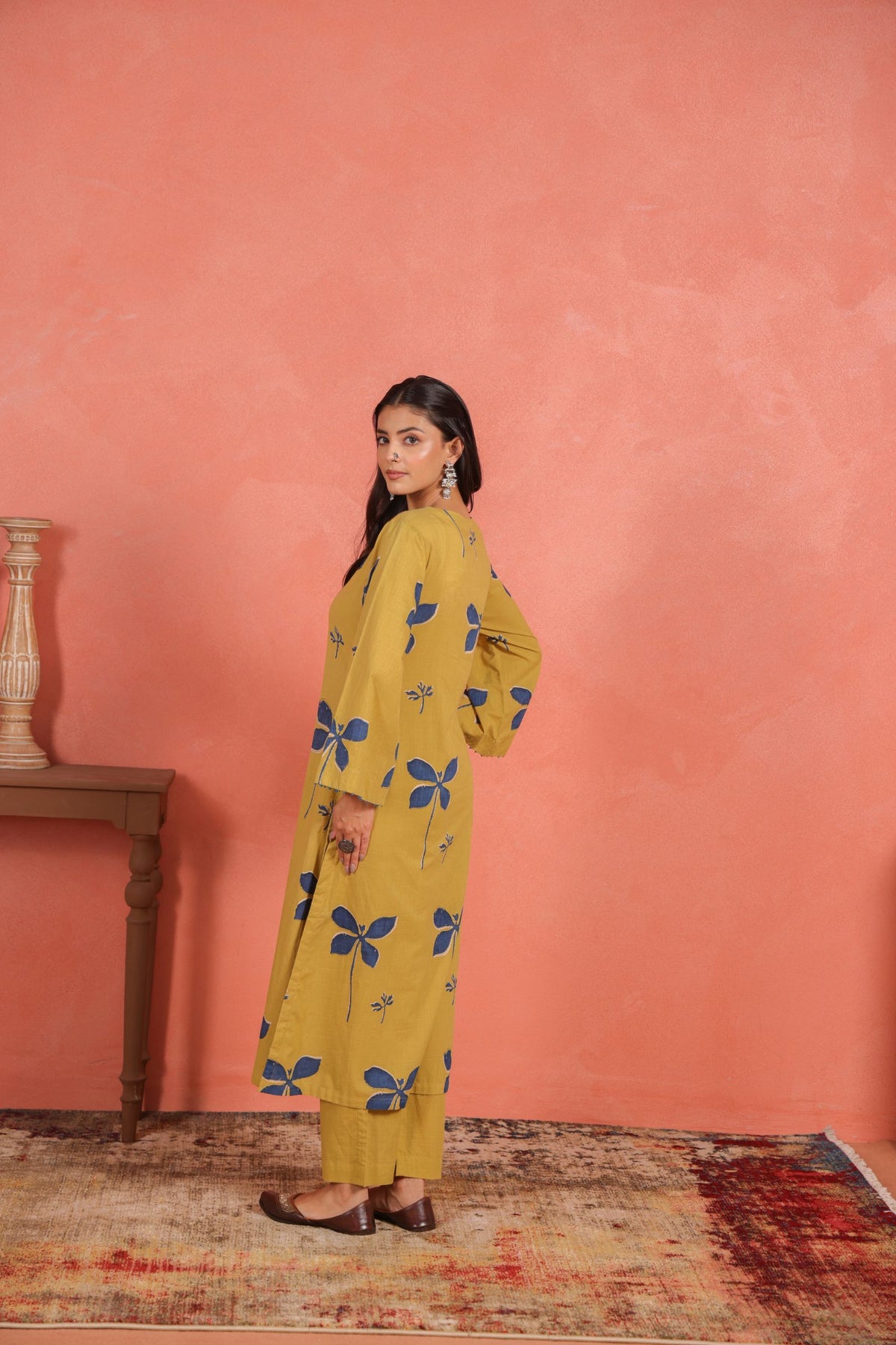 Yellow Cotton Slub Kurta Pant Set with Beads Hand Work