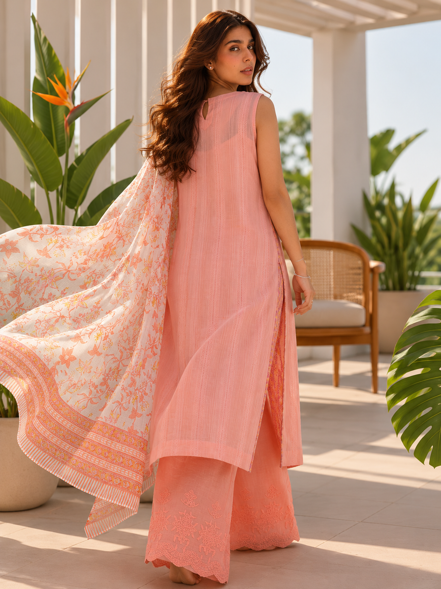 Peach Cotton Suit Set with Cotton Dobby Kurta, Cotton Shifli Pant and Block Printed Kota Doria Dupatta