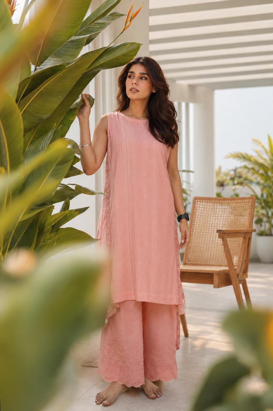 Peach Cotton Suit Set with Cotton Dobby Kurta, Cotton Shifli Pant and Block Printed Kota Doria Dupatta