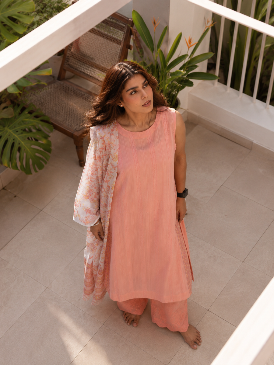 Peach Cotton Suit Set with Cotton Dobby Kurta, Cotton Shifli Pant and Block Printed Kota Doria Dupatta