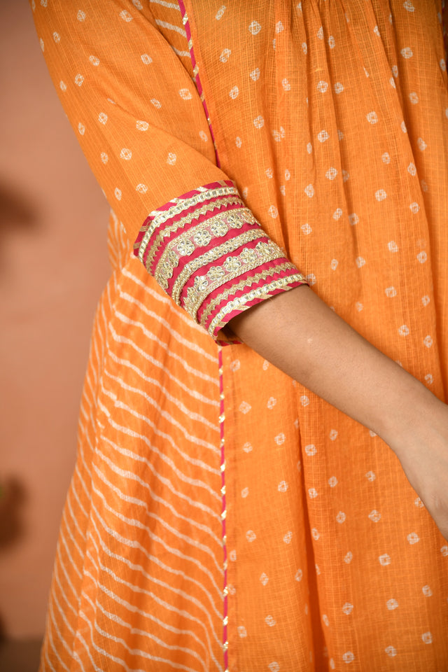 Orange Embroidered Kota Doria Suit Set with Dupatta