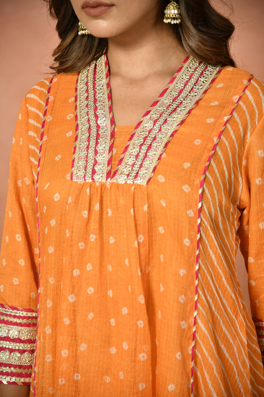 Orange festive embroidered Kota Doria suit set - close-up detail - EKOHUM