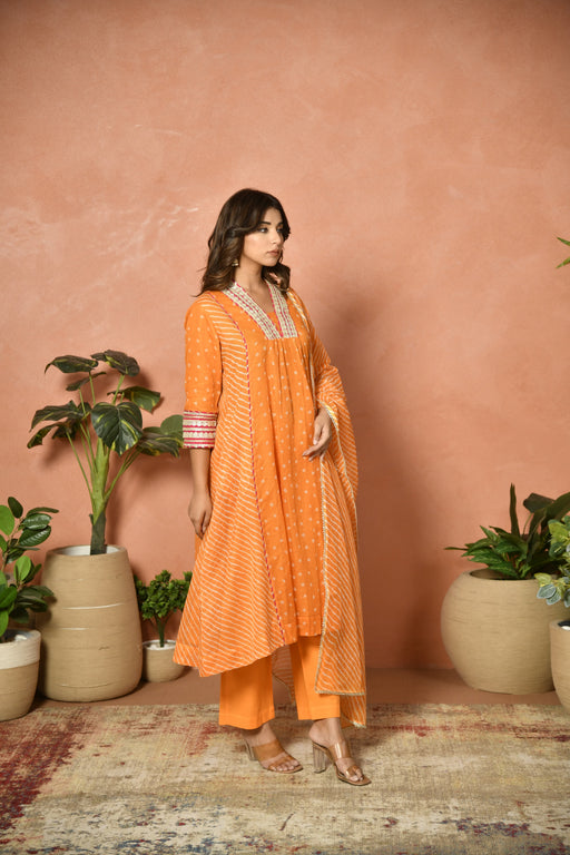 Orange festive embroidered Kota Doria suit set - styled look - EKOHUM