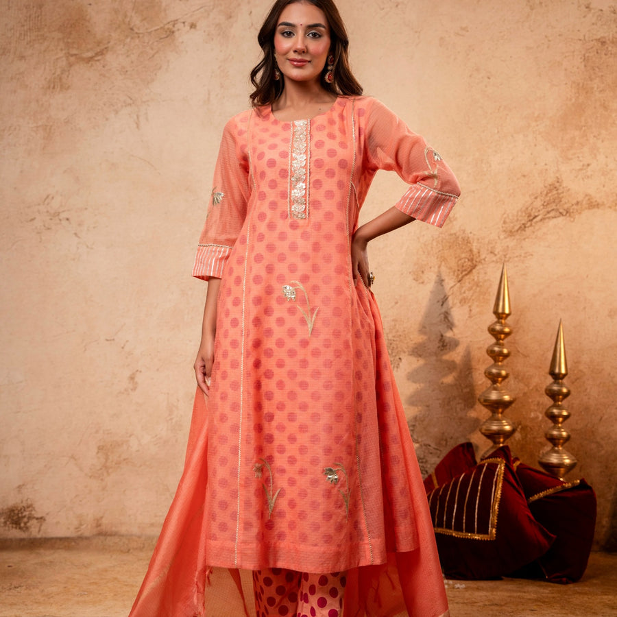 Aari Gota Work Peach Kota Doria Suit Set with Polka Print Inner & Pant