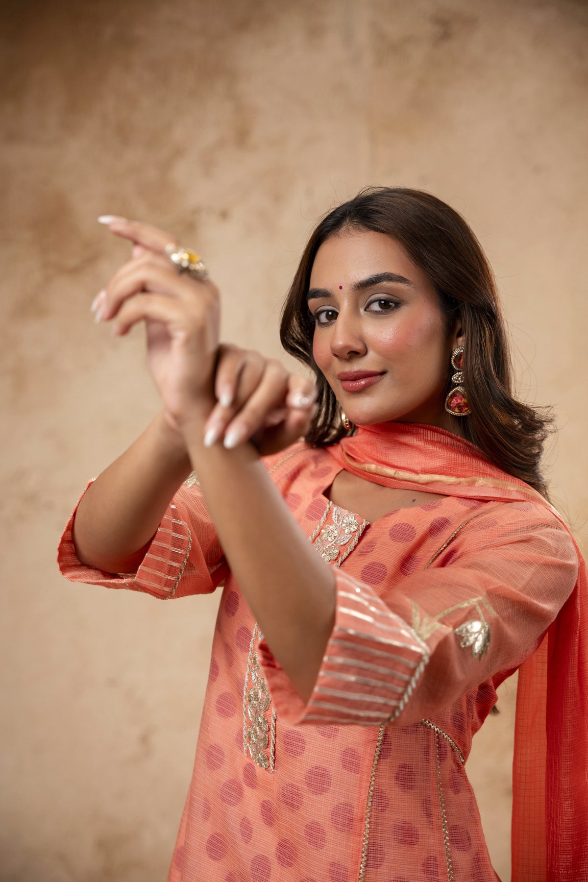 Aari Gota Work Peach Kota Doria Suit Set with Polka Print Inner & Pant