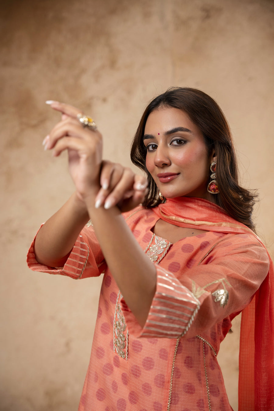 Aari Gota Work Peach Kota Doria Suit Set with Polka Print Inner & Pant