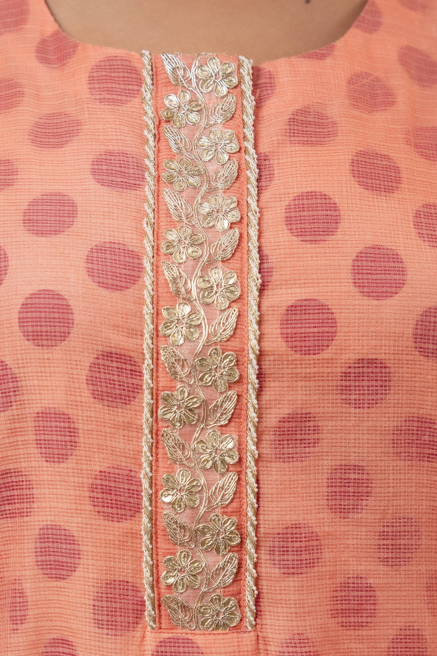 Aari Gota Work Peach Kota Doria Suit Set with Polka Print Inner & Pant