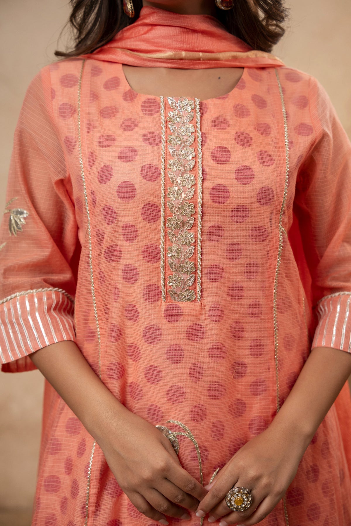Aari Gota Work Peach Kota Doria Suit Set with Polka Print Inner & Pant