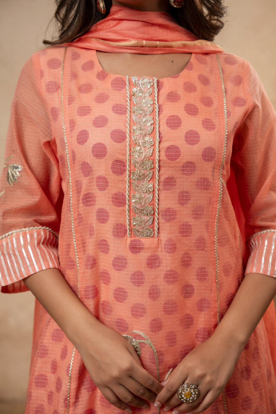Aari Gota Work Peach Kota Doria Suit Set with Polka Print Inner & Pant