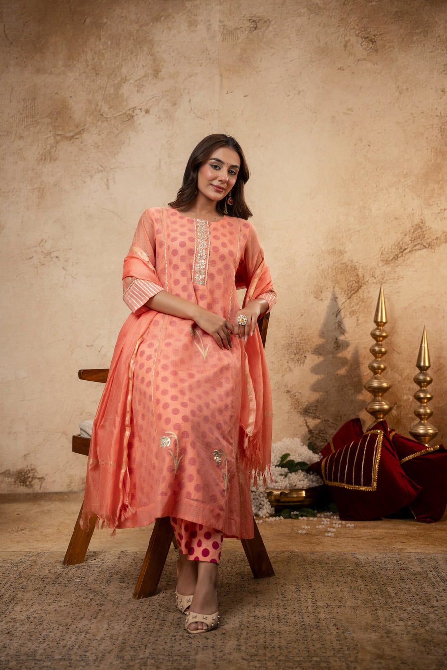 Aari Gota Work Peach Kota Doria Suit Set with Polka Print Inner & Pant