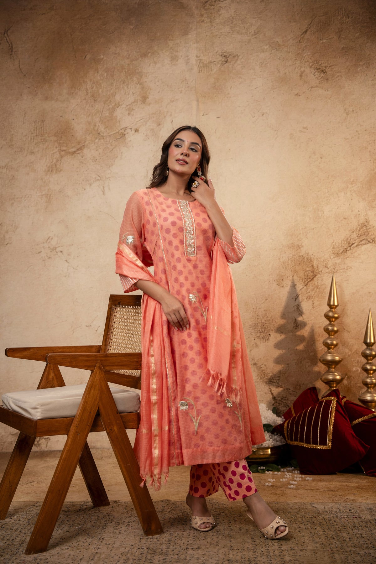 Aari Gota Work Peach Kota Doria Suit Set with Polka Print Inner & Pant