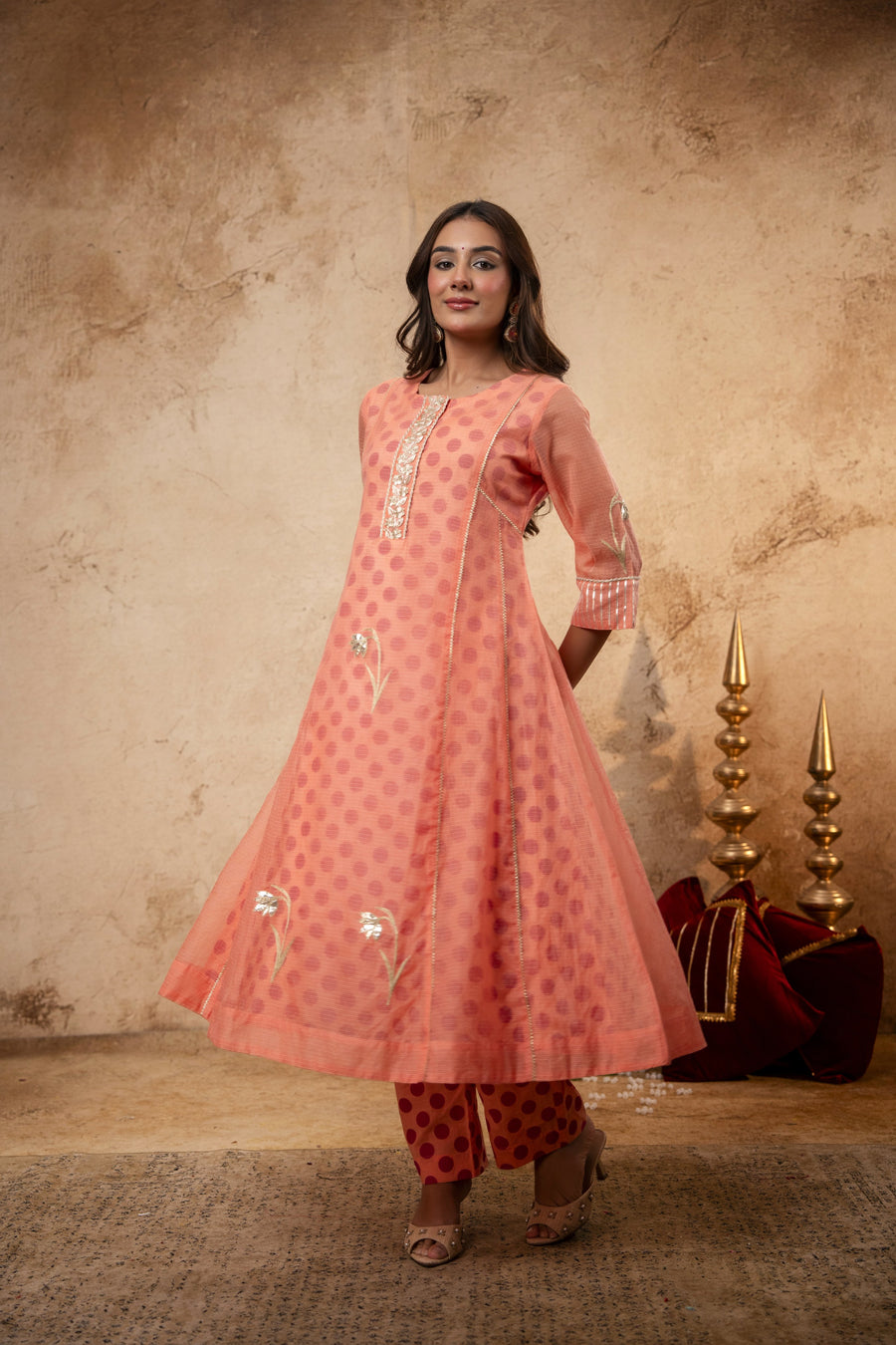 Aari Gota Work Peach Kota Doria Kurta Set with Polka Print Inner & Pant