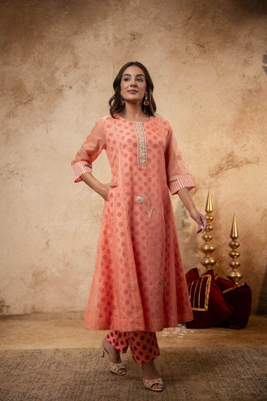 Aari Gota Work Peach Kota Doria Kurta Set with Polka Print Inner & Pant