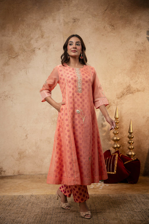 Aari Gota Work Peach Kota Doria Suit Set with Polka Print Inner & Pant