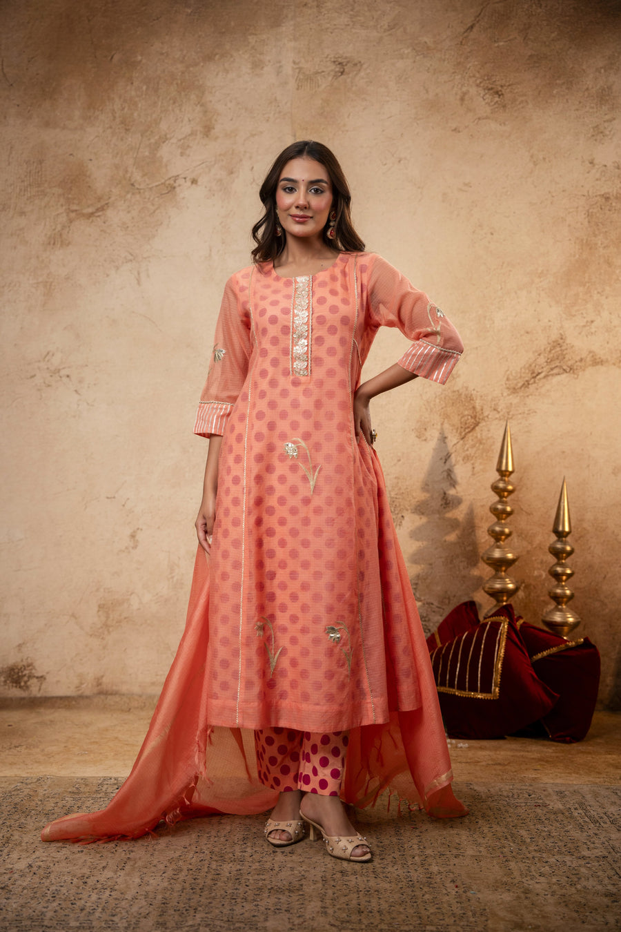 Aari Gota Work Peach Kota Doria Suit Set with Polka Print Inner & Pant