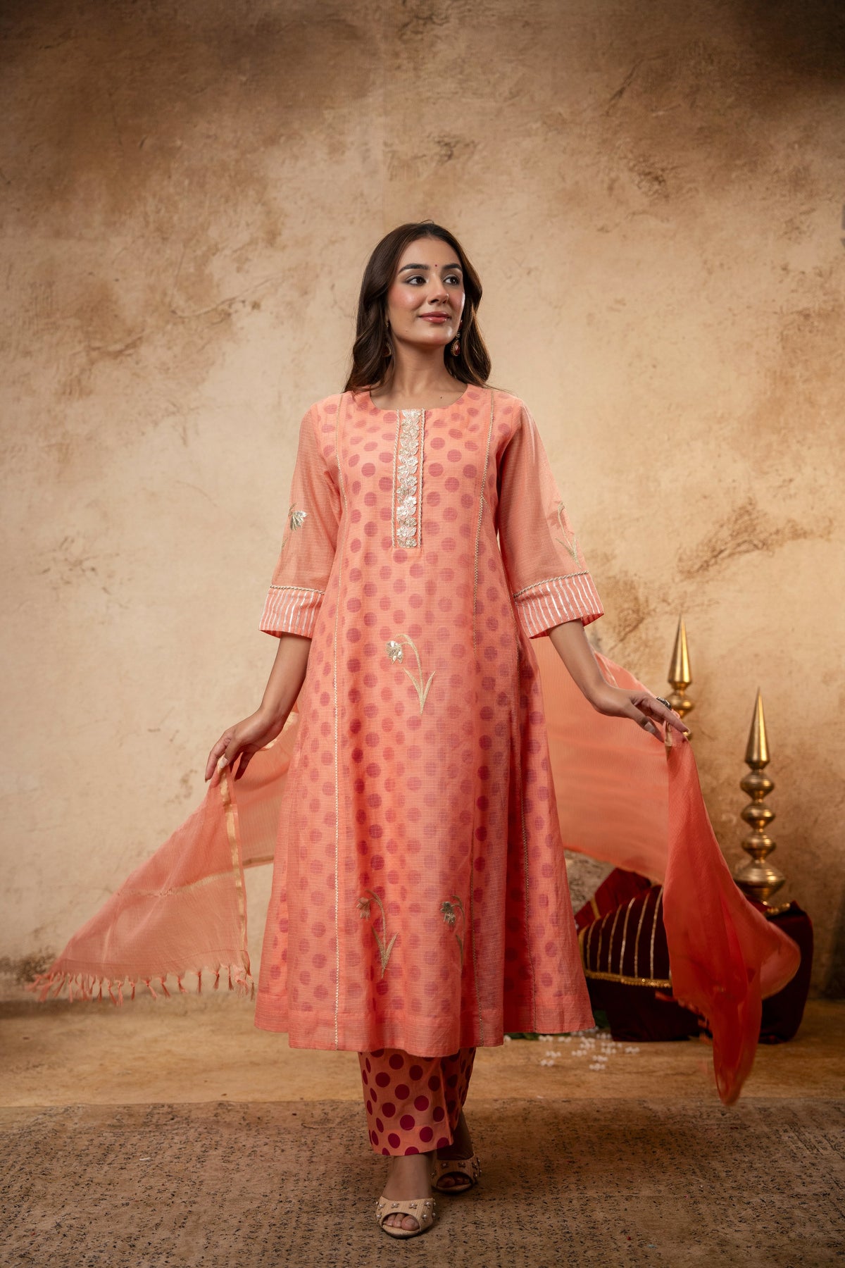Aari Gota Work Peach Kota Doria Suit Set with Polka Print Inner & Pant