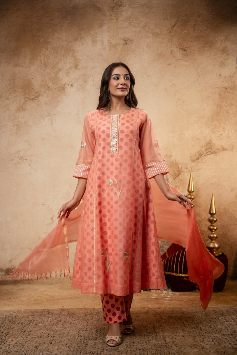 Aari Gota Work Peach Kota Doria Suit Set with Polka Print Inner & Pant