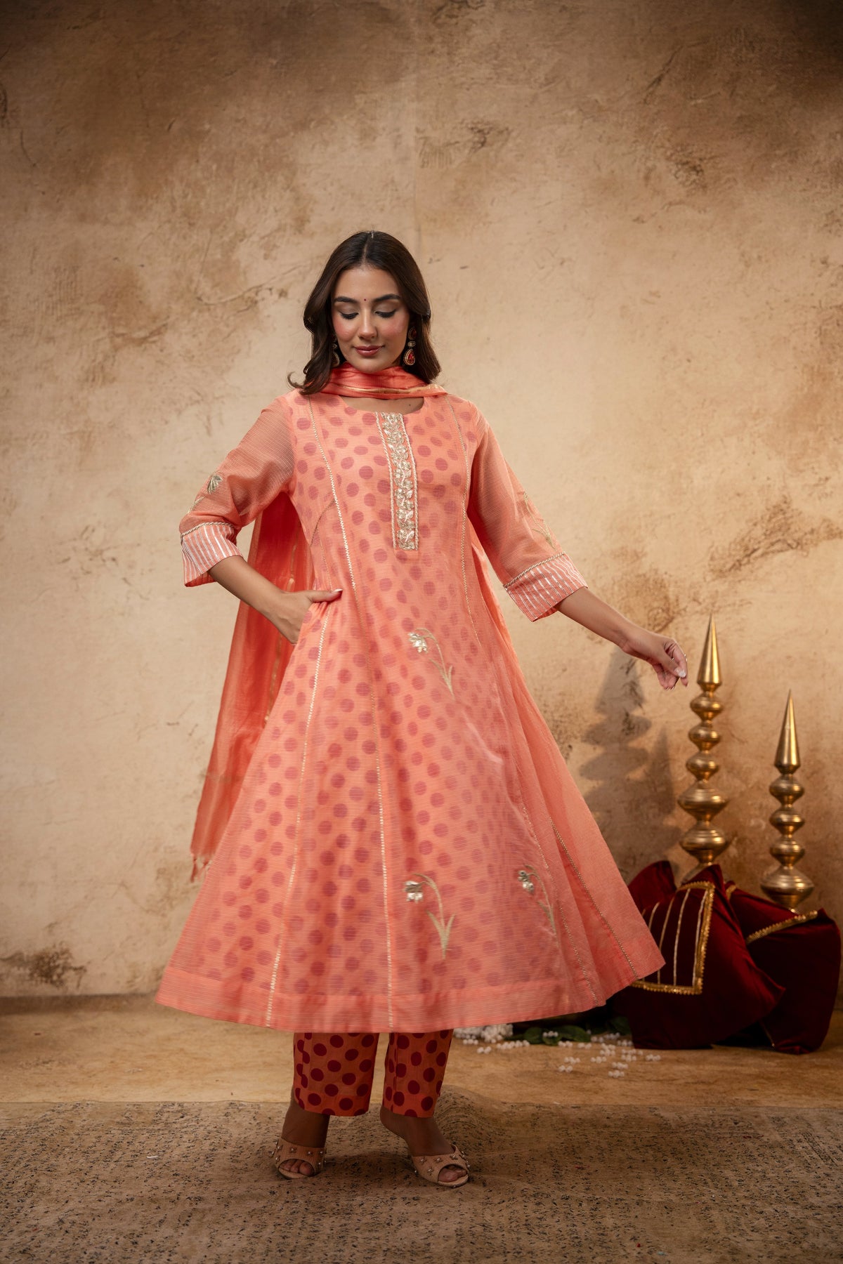 Aari Gota Work Peach Kota Doria Suit Set with Polka Print Inner & Pant