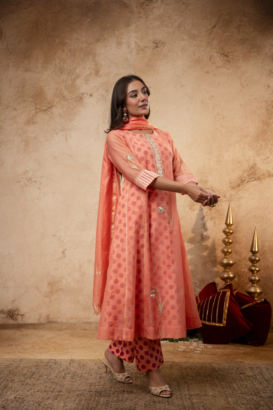 Aari Gota Work Peach Kota Doria Suit Set with Polka Print Inner & Pant