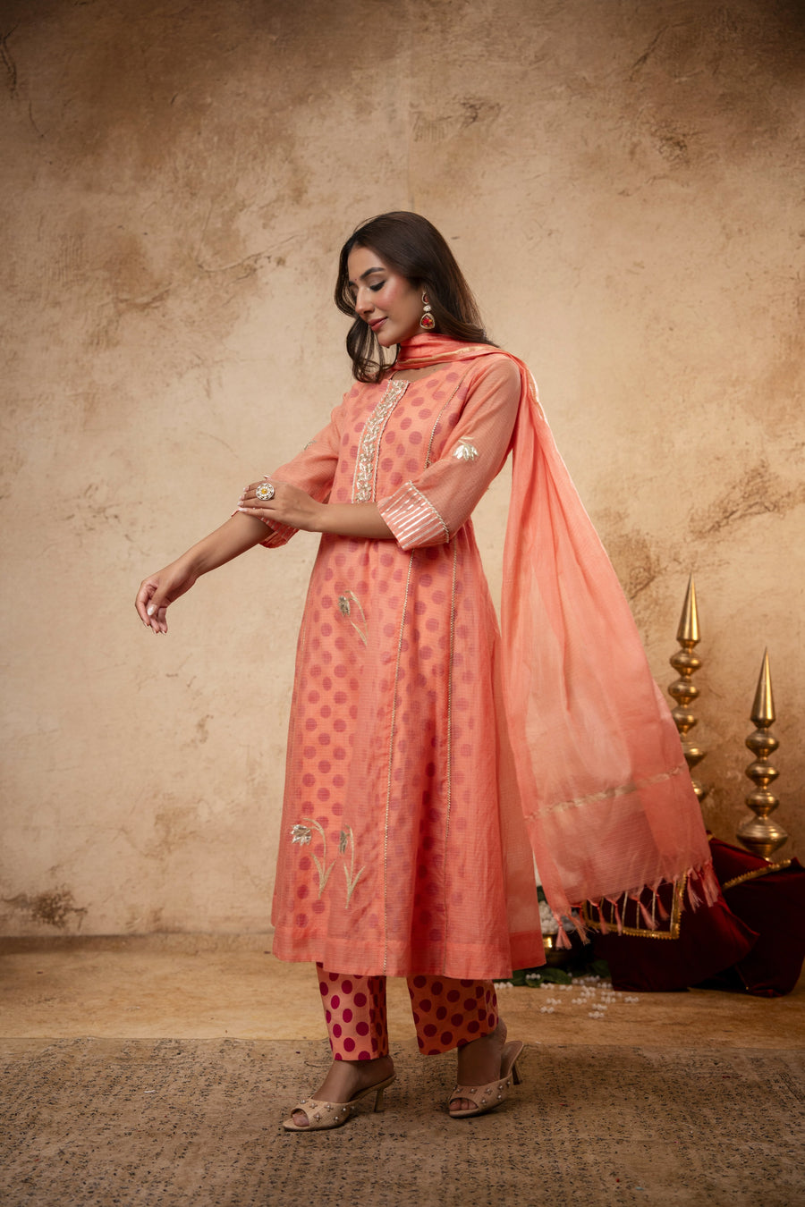 Aari Gota Work Peach Kota Doria Suit Set with Polka Print Inner & Pant