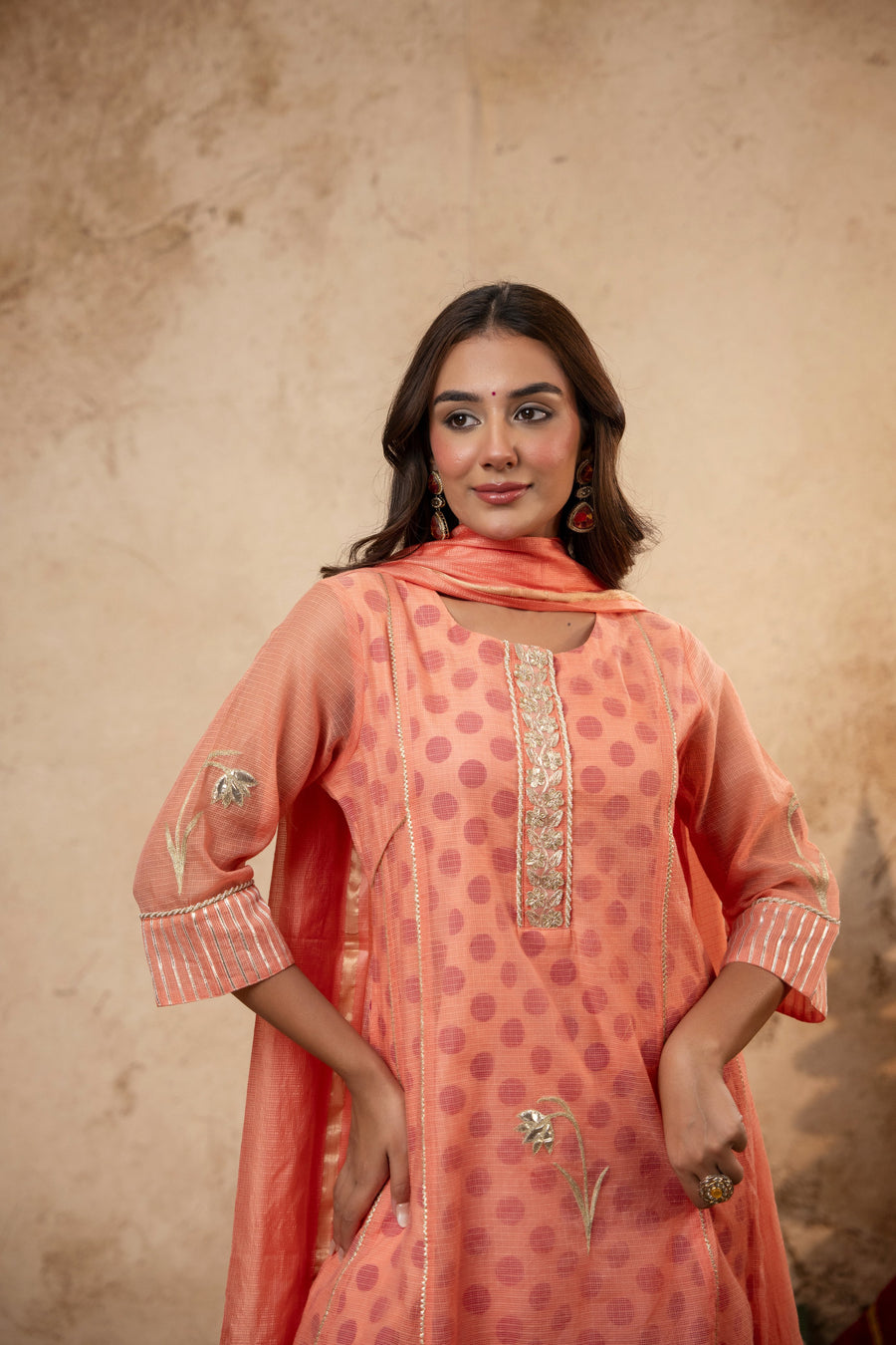 Aari Gota Work Peach Kota Doria Suit Set with Polka Print Inner & Pant