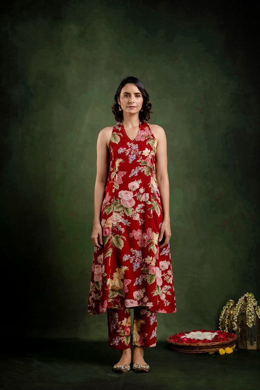 Maroon Printed Modal Embroidered Co-Ord Set