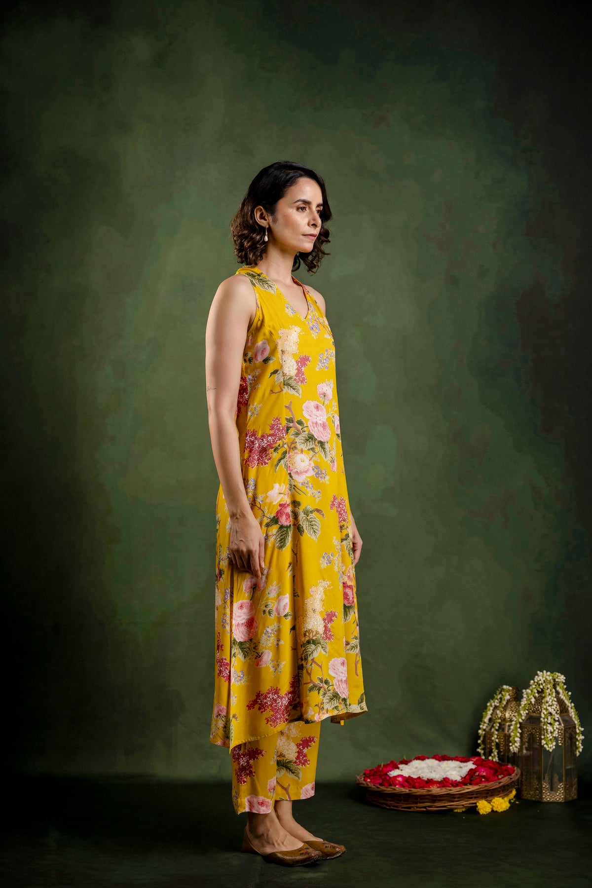 Mustard Printed Modal Embroidered Co-Ord Set