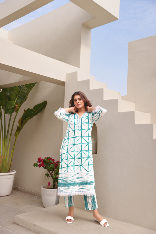 White Tie Dye Printed Cotton Co-Ord Set With Crochet Lace