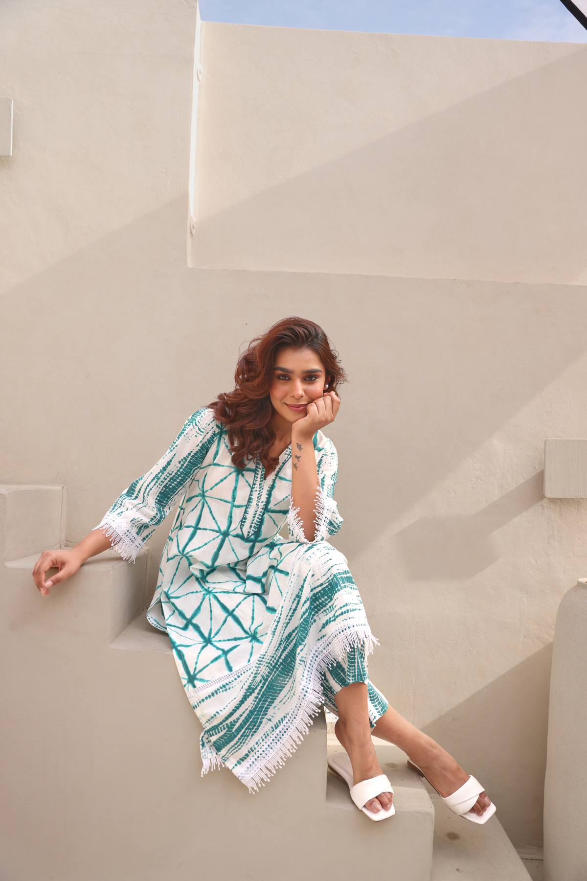 White Tie Dye Printed Cotton Co-Ord Set With Crochet Lace