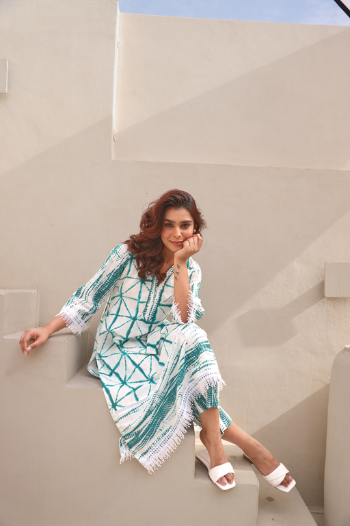 White Tie Dye Printed Cotton Co-Ord Set With Crochet Lace