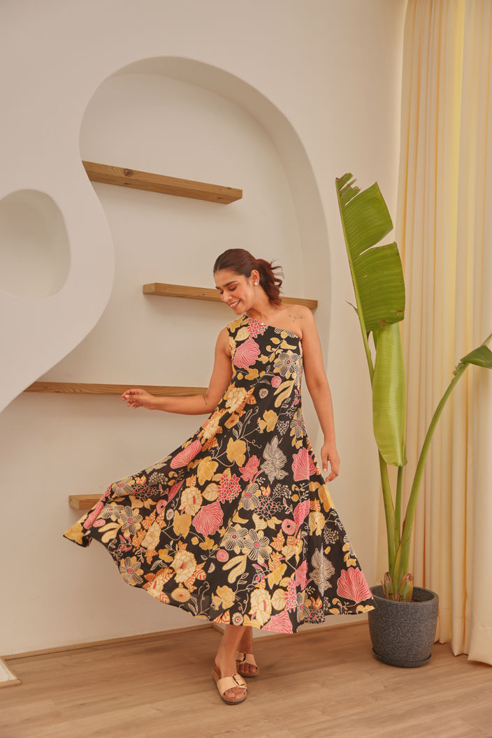 Black Floral Printed Modal Off Shoulder Dress