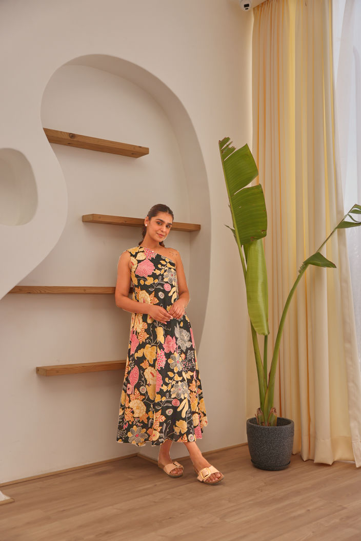 Black Floral Printed Modal Off Shoulder Dress