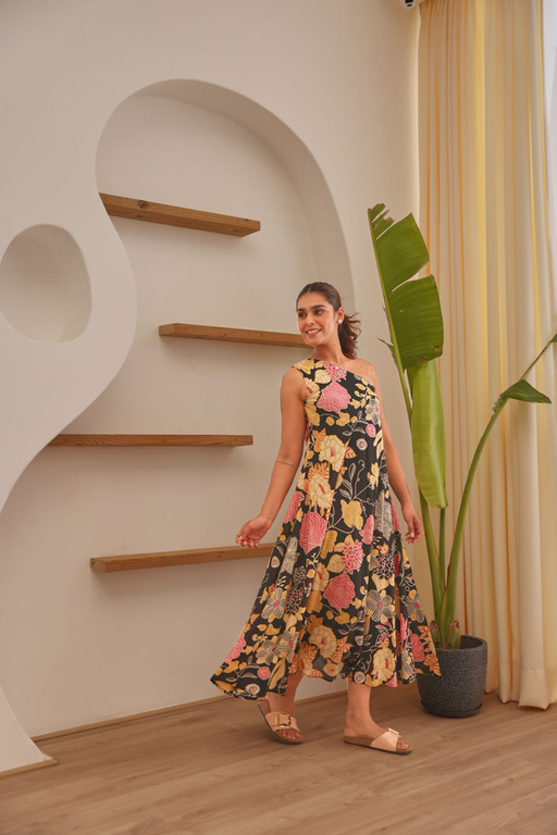 Black Floral Printed Modal Off Shoulder Dress