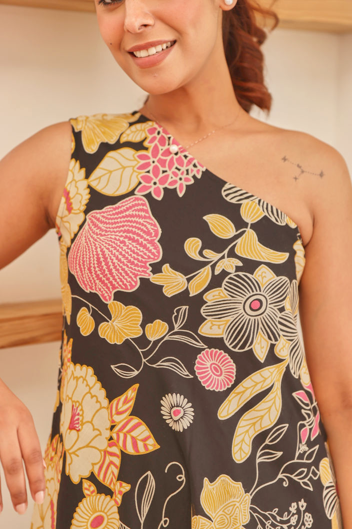 Black Floral Printed Modal Off Shoulder Dress