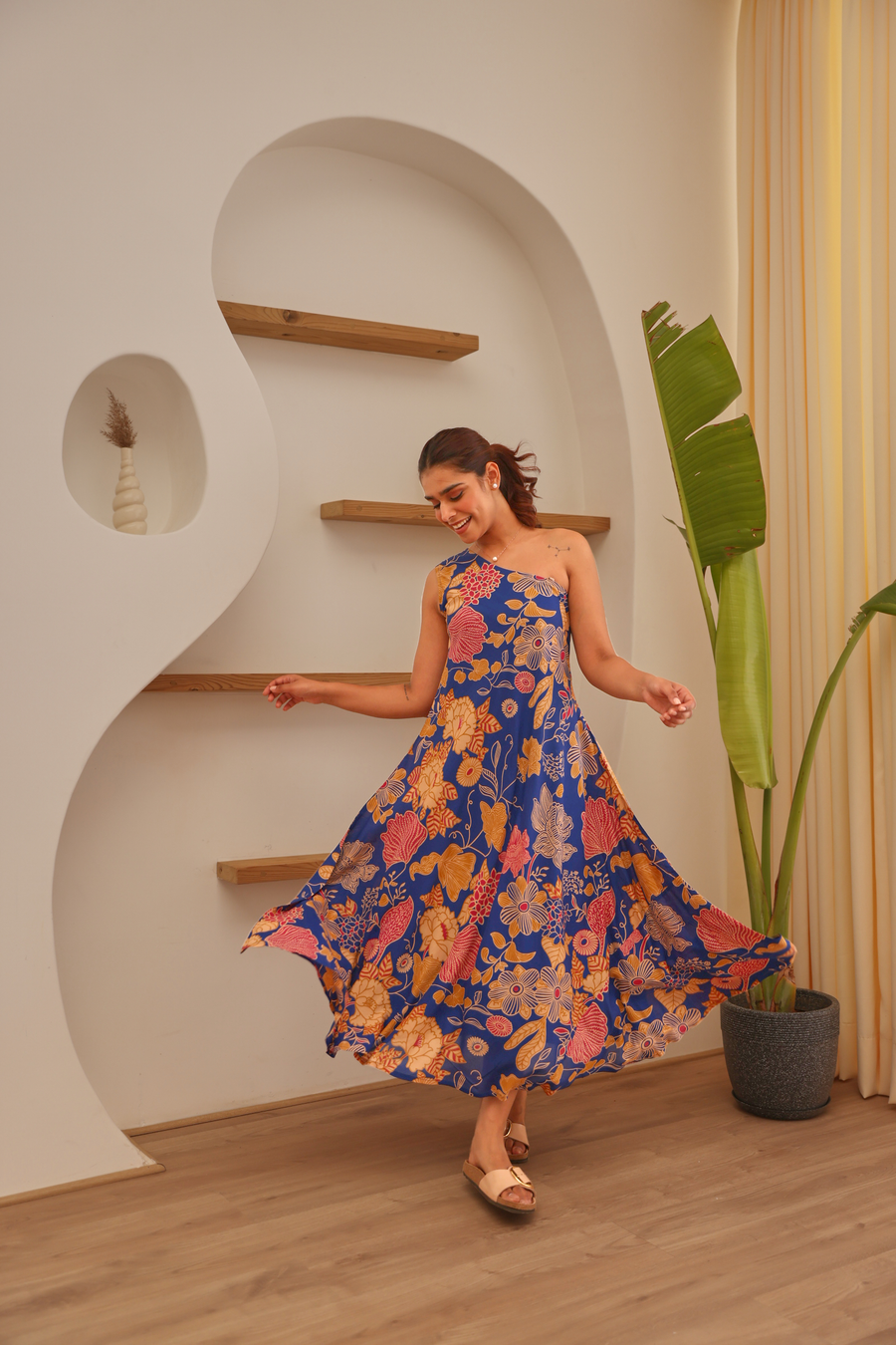 Royal Blue Floral Printed Modal Off Shoulder Dress