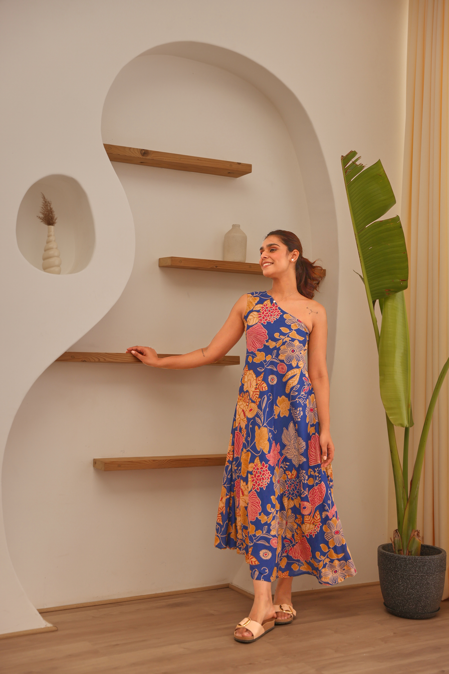 Royal Blue Floral Printed Modal Off Shoulder Dress