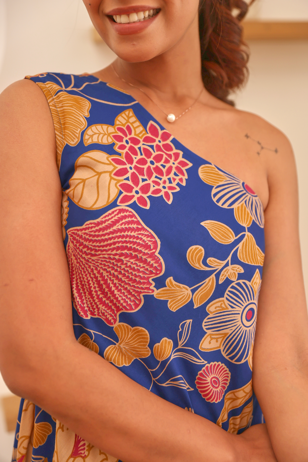 Royal Blue Floral Printed Modal Off Shoulder Dress