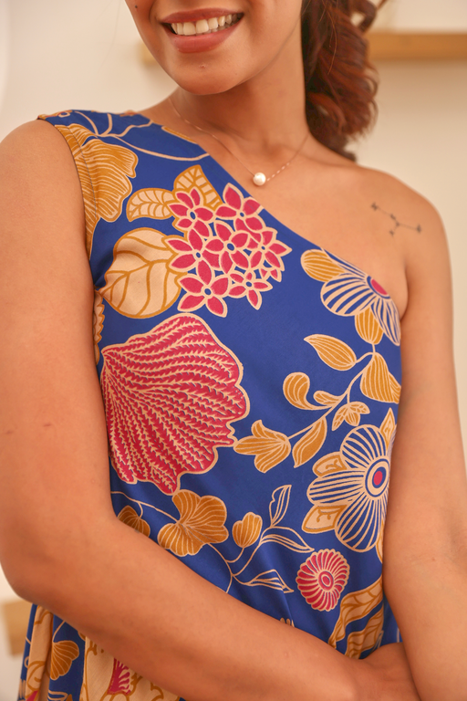Royal Blue Floral Printed Modal Off Shoulder Dress