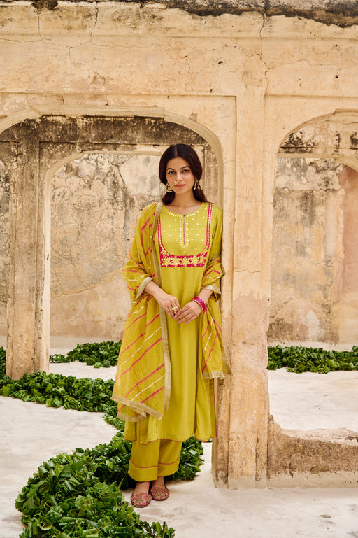 Lime Green Embroidered Cotton Kurta Pant Set with Dupatta