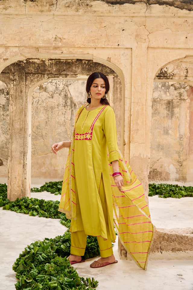 Lime Green Embroidered Cotton Kurta Pant Set with Dupatta