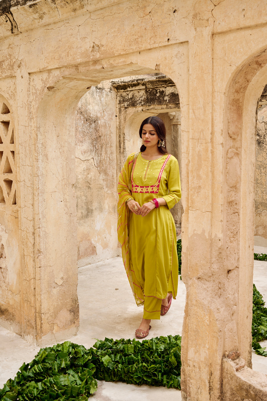 Lime Green Embroidered Cotton Kurta Pant Set with Dupatta